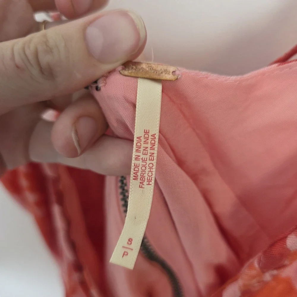 Free People Pink Orange Floral Linen Blend Summer Altura Tank Mini Dress Sz S